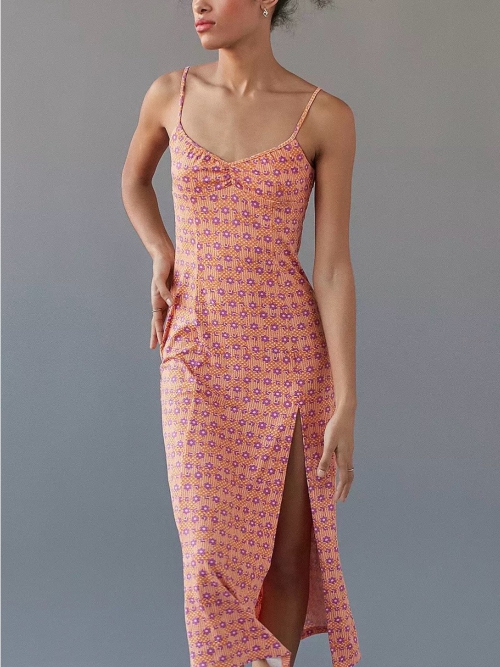 Urban Outfitters Orange Purple Floral Ruched Maxi Dress XS
